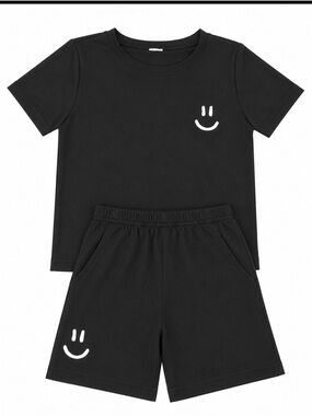 Shein Boys Black Smiley Face Performance Short Set EUC